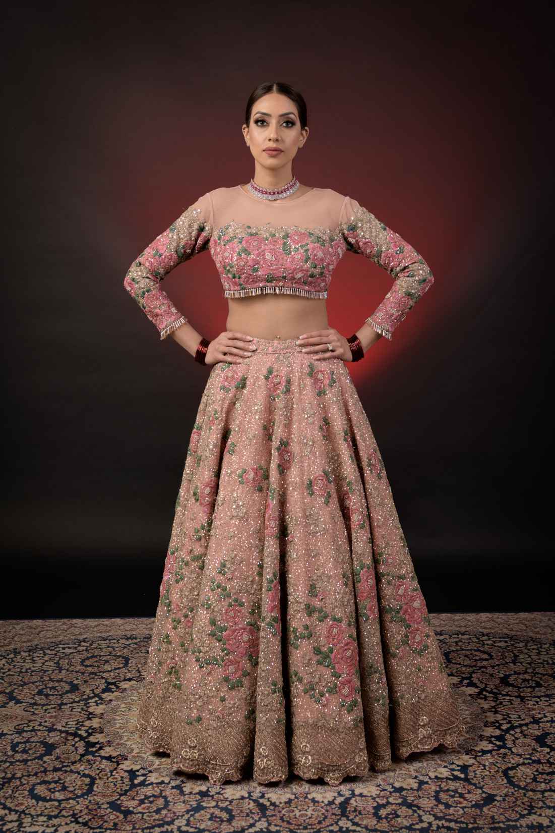 BLUSH PINK FLORAL EMBROIDRED LEHNGA